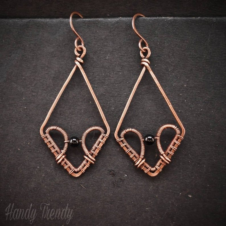 Onyx kite earrings, Copper Wire wrap jewelry, Unique Handmade gift for Her Friend Mom Sister, Casual dangle earring, Artisan Boho jewellery