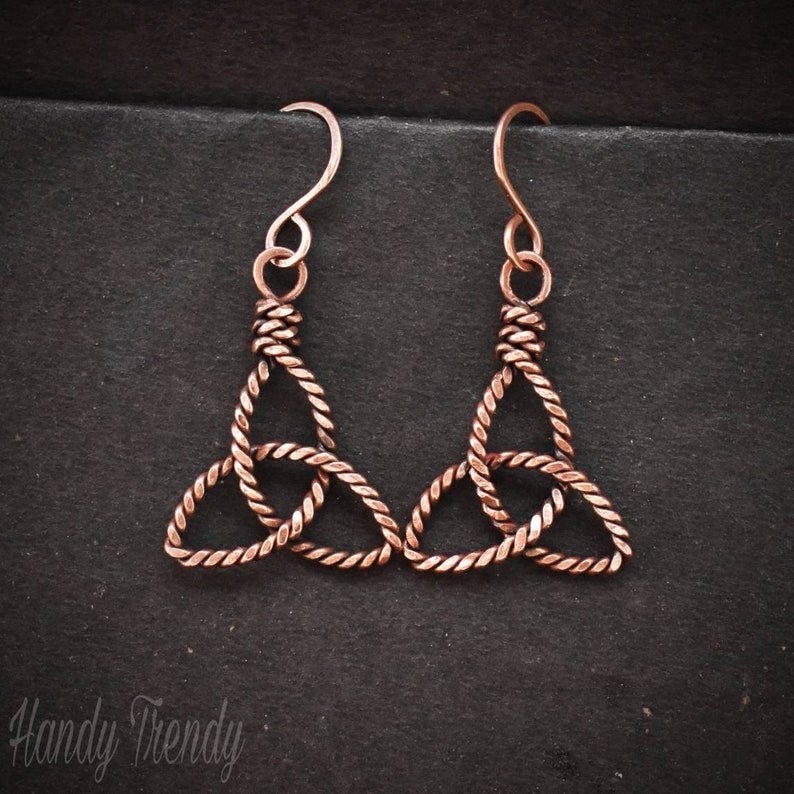 Triquetra earrings, Copper Wire wrapped jewelry, Unique handmade jewelry, Artisan boho earrings
