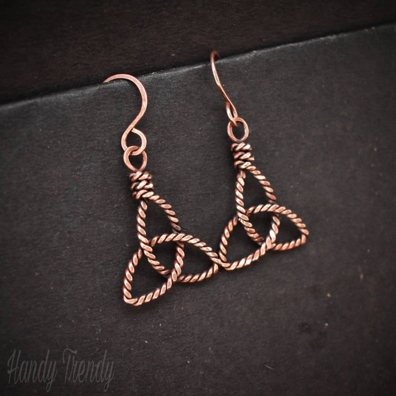 Triquetra earrings, Copper Wire wrapped jewelry, Unique handmade jewelry, Artisan boho earrings