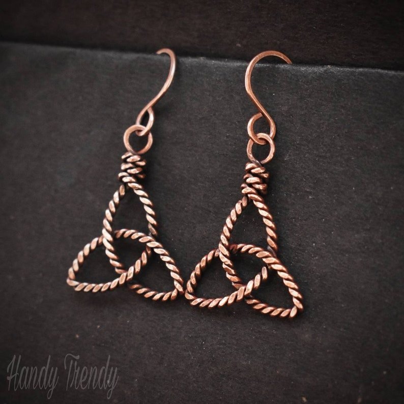 Triquetra earrings, Copper Wire wrapped jewelry, Unique handmade jewelry, Artisan boho earrings