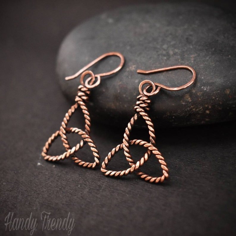 Triquetra earrings, Copper Wire wrapped jewelry, Unique handmade jewelry, Artisan boho earrings