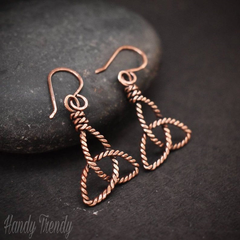 Triquetra earrings, Copper Wire wrapped jewelry, Unique handmade jewelry, Artisan boho earrings