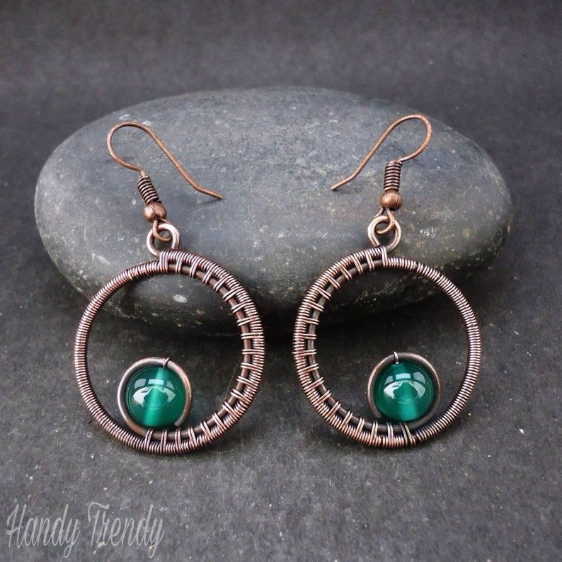 Green onyx earrings, Copper wire wrapped jewelry, Unique handcrafted jewelry, Birthday gift for Her, Casual earrings, Bohemian earrings