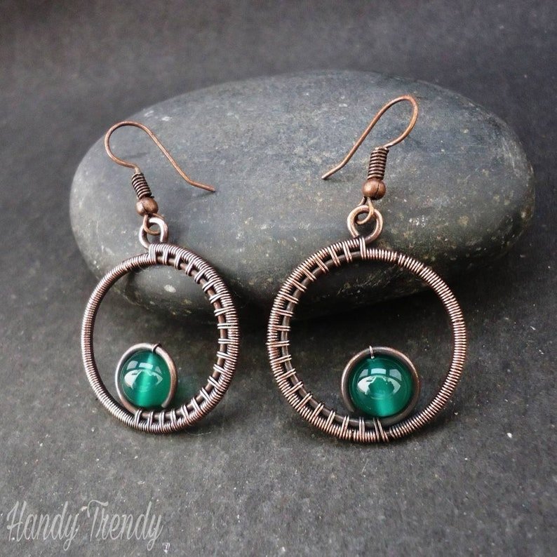 Green onyx earrings, Copper wire wrapped jewelry, Unique handcrafted jewelry, Birthday gift for Her, Casual earrings, Bohemian earrings
