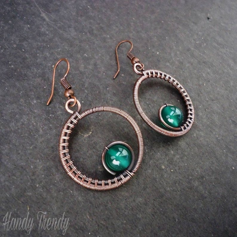 Green onyx earrings, Copper wire wrapped jewelry, Unique handcrafted jewelry, Birthday gift for Her, Casual earrings, Bohemian earrings