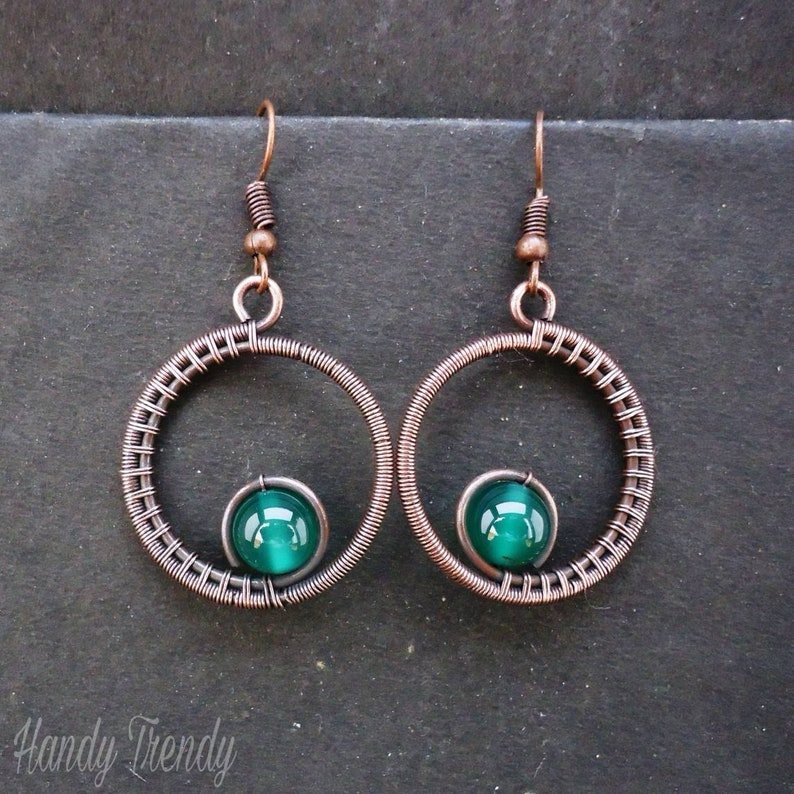 Green onyx earrings, Copper wire wrapped jewelry, Unique handcrafted jewelry, Birthday gift for Her, Casual earrings, Bohemian earrings
