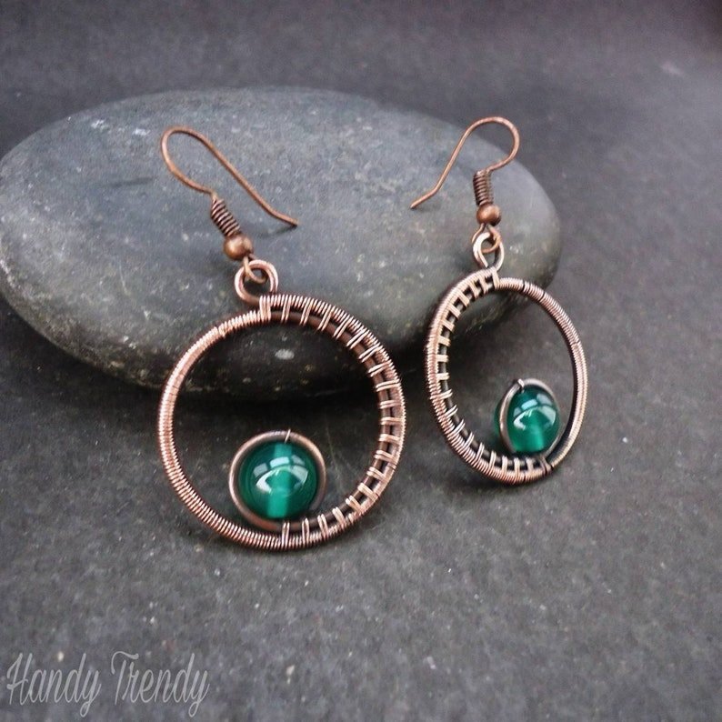 Green onyx earrings, Copper wire wrapped jewelry, Unique handcrafted jewelry, Birthday gift for Her, Casual earrings, Bohemian earrings