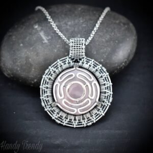 Rose quartz goddess Hecate’s wheel pendant, 925 sterling silver wire wrap necklace, Unique handmade gift, Artisan necklace, One of a kind