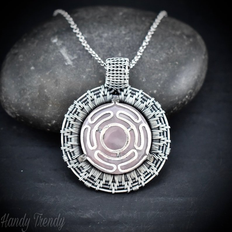Rose quartz goddess Hecate's wheel pendant, 925 sterling silver wire wrap necklace, Unique handmade gift, Artisan necklace, One of a kind