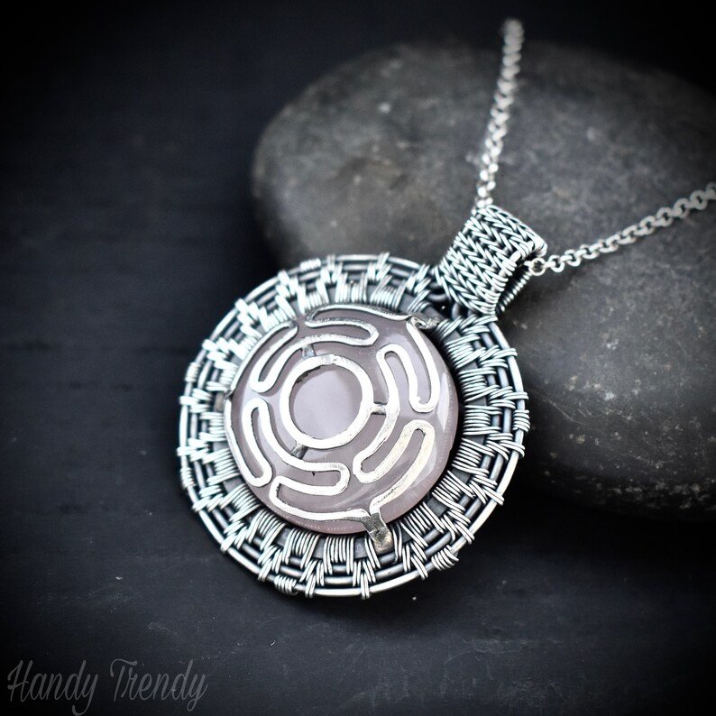 Rose quartz goddess Hecate's wheel pendant, 925 sterling silver wire wrap necklace, Unique handmade gift, Artisan necklace, One of a kind