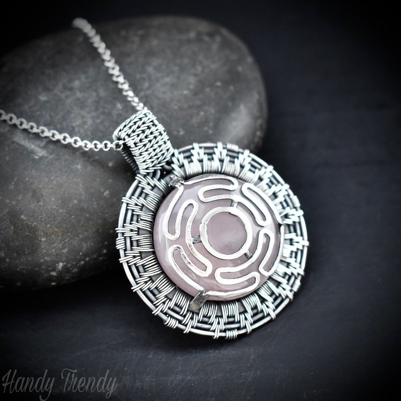 Rose quartz goddess Hecate's wheel pendant, 925 sterling silver wire wrap necklace, Unique handmade gift, Artisan necklace, One of a kind