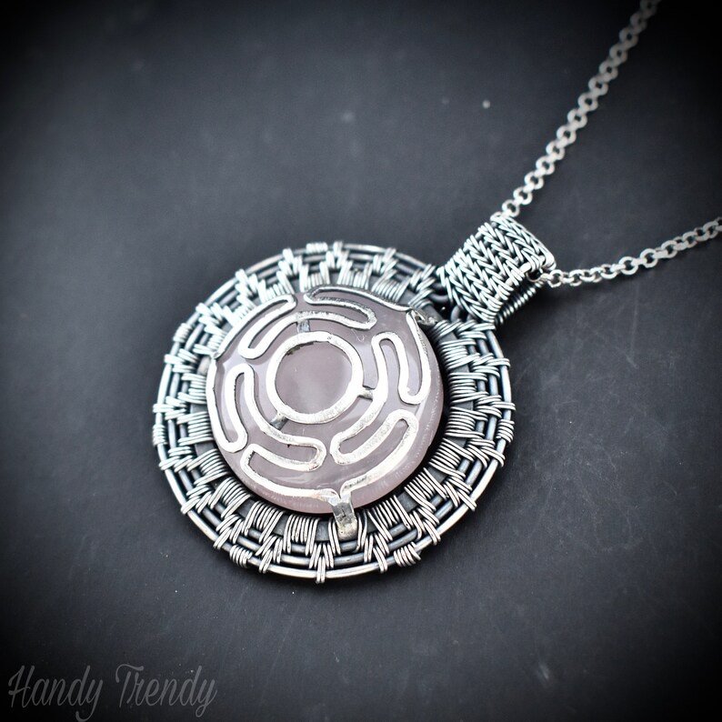 Rose quartz goddess Hecate's wheel pendant, 925 sterling silver wire wrap necklace, Unique handmade gift, Artisan necklace, One of a kind