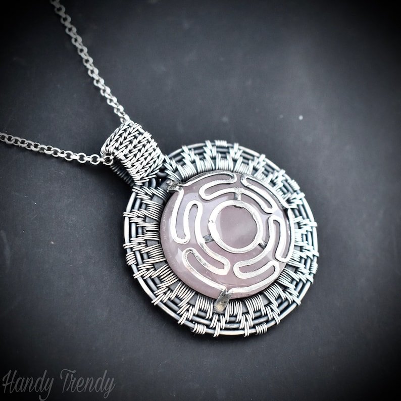 Rose quartz goddess Hecate's wheel pendant, 925 sterling silver wire wrap necklace, Unique handmade gift, Artisan necklace, One of a kind