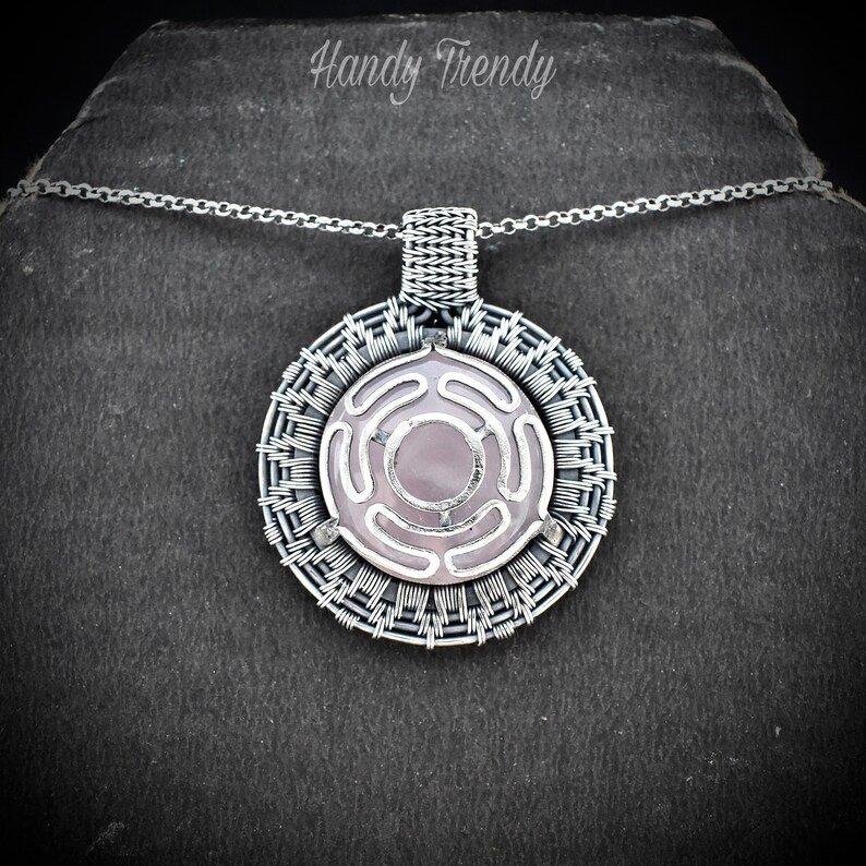 Rose quartz goddess Hecate's wheel pendant, 925 sterling silver wire wrap necklace, Unique handmade gift, Artisan necklace, One of a kind
