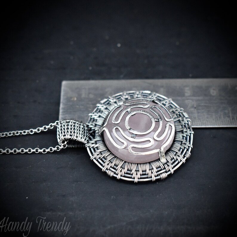 Rose quartz goddess Hecate's wheel pendant, 925 sterling silver wire wrap necklace, Unique handmade gift, Artisan necklace, One of a kind