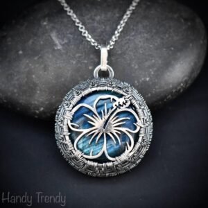 Hibiscus flower pendant, 925 sterling silver and blue flash labradorite wire wrapped necklace, Unique handmade gift, One of a kind jewelry