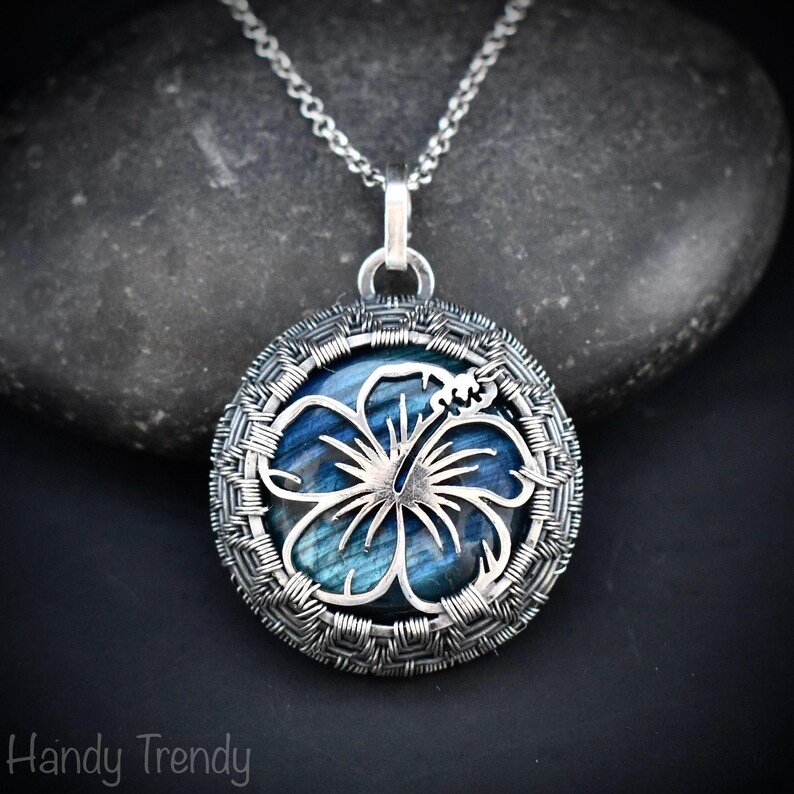 Hibiscus flower pendant, 925 sterling silver and blue flash labradorite wire wrapped necklace, Unique handmade gift, One of a kind jewelry