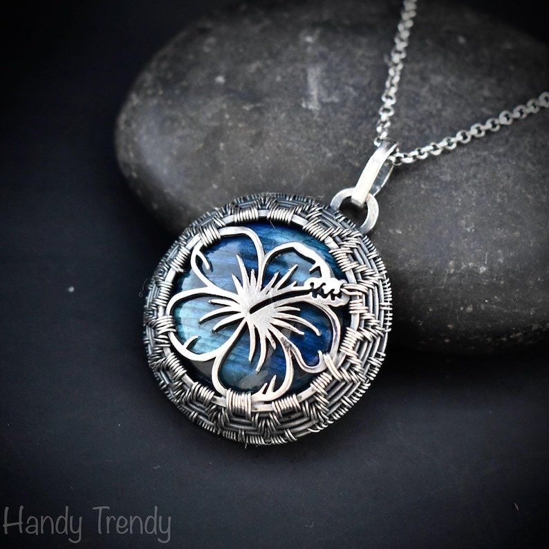 Hibiscus flower pendant, 925 sterling silver and blue flash labradorite wire wrapped necklace, Unique handmade gift, One of a kind jewelry