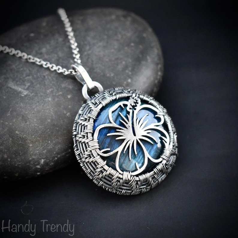 Hibiscus flower pendant, 925 sterling silver and blue flash labradorite wire wrapped necklace, Unique handmade gift, One of a kind jewelry
