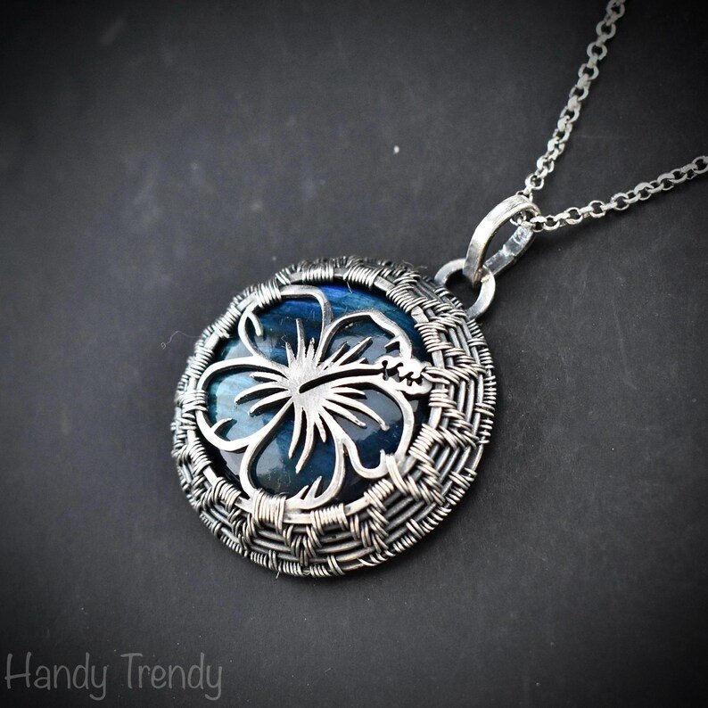 Hibiscus flower pendant, 925 sterling silver and blue flash labradorite wire wrapped necklace, Unique handmade gift, One of a kind jewelry