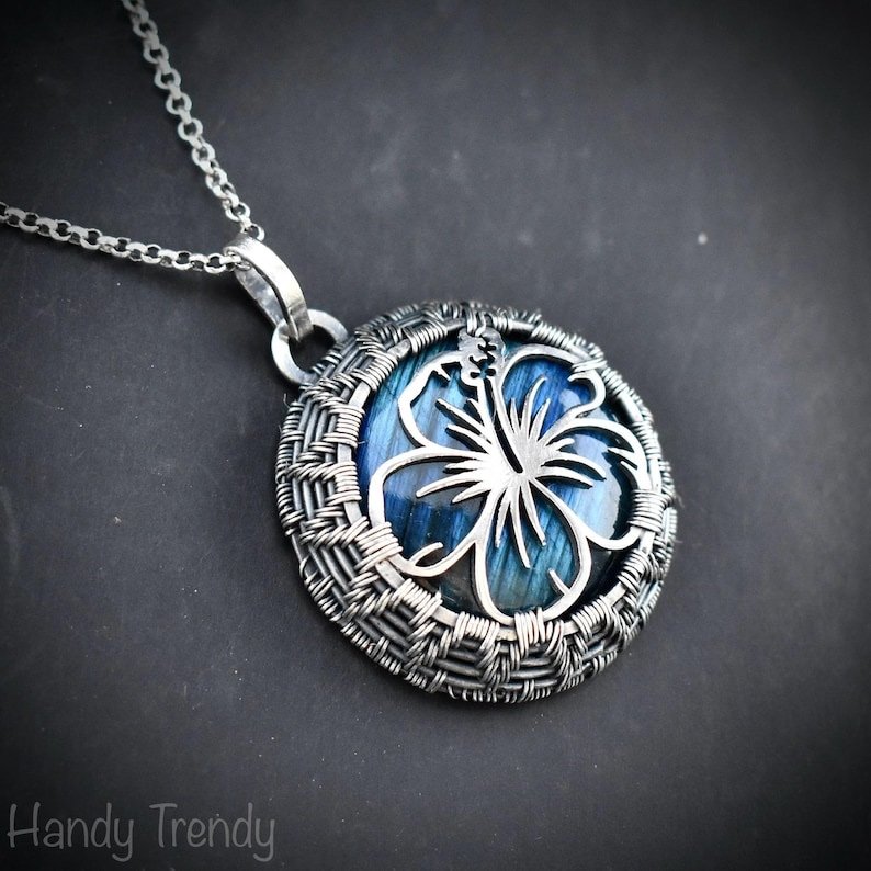 Hibiscus flower pendant, 925 sterling silver and blue flash labradorite wire wrapped necklace, Unique handmade gift, One of a kind jewelry