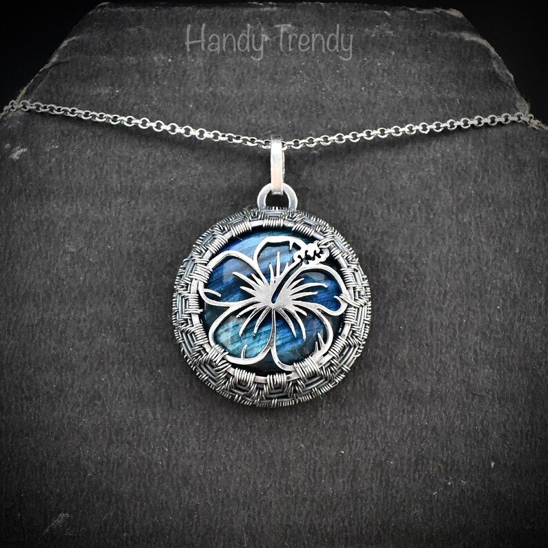 Hibiscus flower pendant, 925 sterling silver and blue flash labradorite wire wrapped necklace, Unique handmade gift, One of a kind jewelry