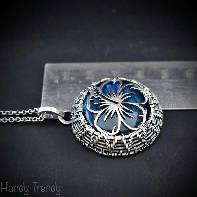Hibiscus flower pendant, 925 sterling silver and blue flash labradorite wire wrapped necklace, Unique handmade gift, One of a kind jewelry