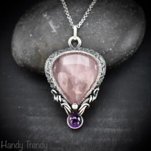 Rose quartz and Amethyst drop cage pendant, 925 sterling silver Wire wrapped jewelry, Unique handmade gift, One of a kind artisan necklace