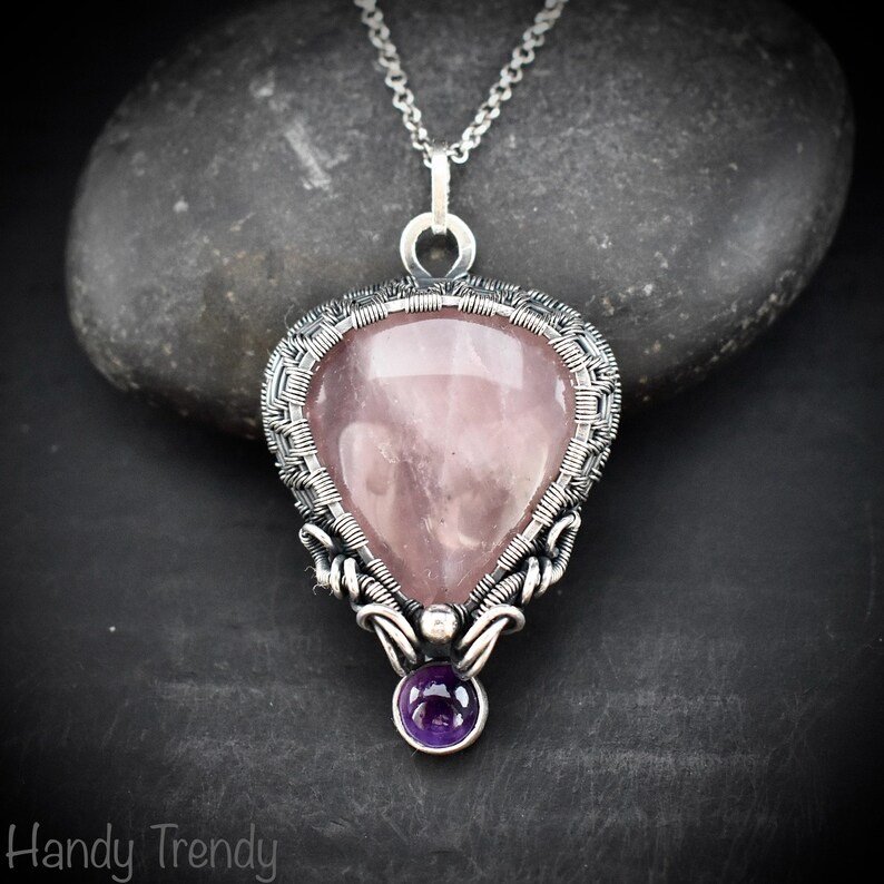 Rose quartz and Amethyst drop cage pendant, 925 sterling silver Wire wrapped jewelry, Unique handmade gift, One of a kind artisan necklace