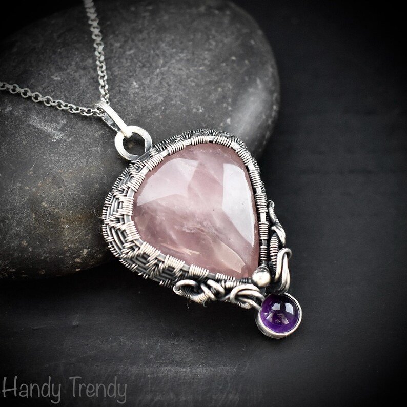 Rose quartz and Amethyst drop cage pendant, 925 sterling silver Wire wrapped jewelry, Unique handmade gift, One of a kind artisan necklace