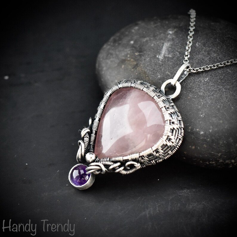 Rose quartz and Amethyst drop cage pendant, 925 sterling silver Wire wrapped jewelry, Unique handmade gift, One of a kind artisan necklace