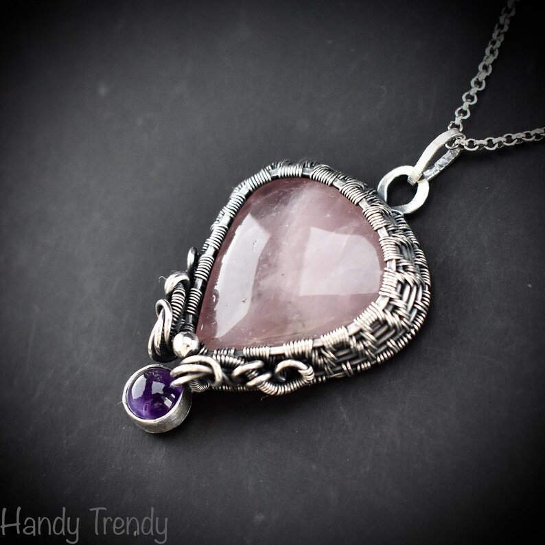 Rose quartz and Amethyst drop cage pendant, 925 sterling silver Wire wrapped jewelry, Unique handmade gift, One of a kind artisan necklace