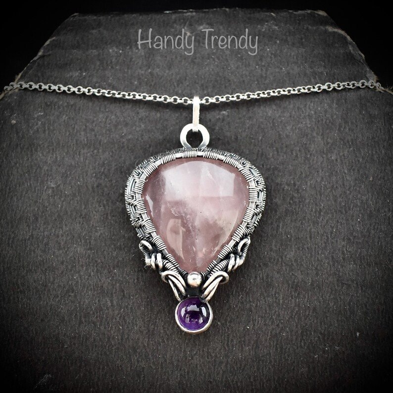Rose quartz and Amethyst drop cage pendant, 925 sterling silver Wire wrapped jewelry, Unique handmade gift, One of a kind artisan necklace