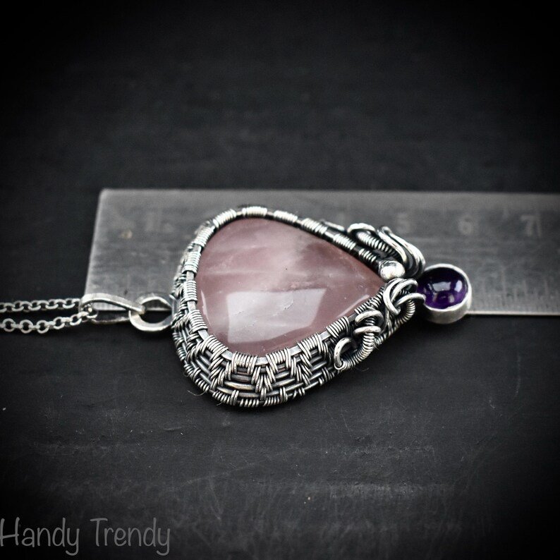 Rose quartz and Amethyst drop cage pendant, 925 sterling silver Wire wrapped jewelry, Unique handmade gift, One of a kind artisan necklace