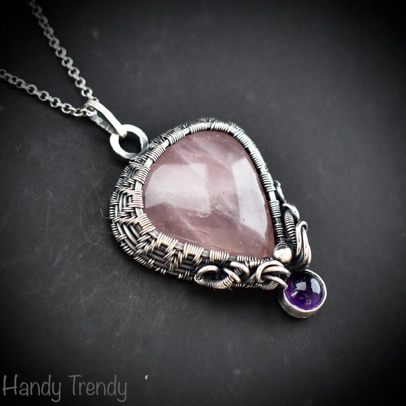 Rose quartz and Amethyst drop cage pendant, 925 sterling silver Wire wrapped jewelry, Unique handmade gift, One of a kind artisan necklace