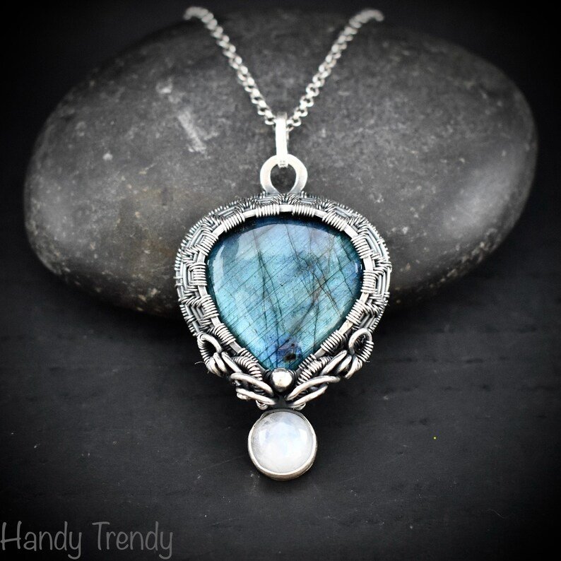 Labradorite and rainbow moonstone drop cage pendant, 925 sterling silver Wire wrapped jewelry, Unique handmade gift, One of a kind artisan