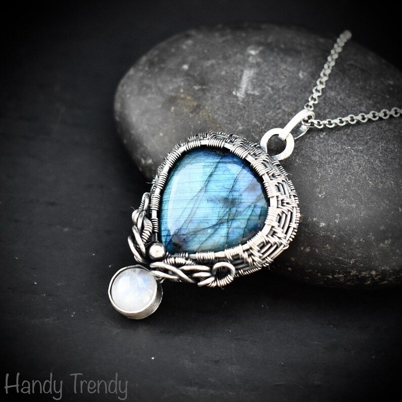 Labradorite and rainbow moonstone drop cage pendant, 925 sterling silver Wire wrapped jewelry, Unique handmade gift, One of a kind artisan