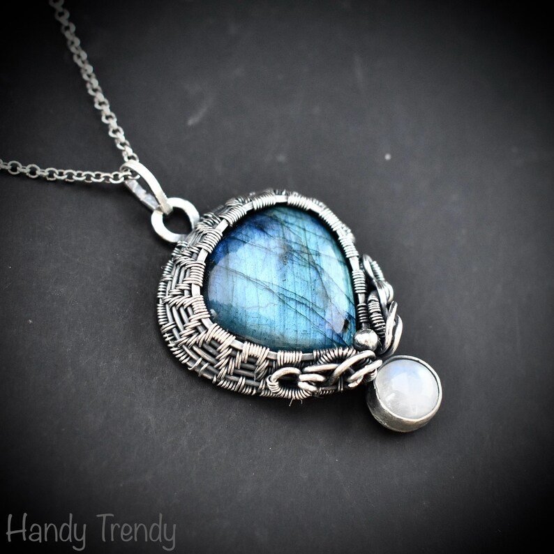 Labradorite and rainbow moonstone drop cage pendant, 925 sterling silver Wire wrapped jewelry, Unique handmade gift, One of a kind artisan