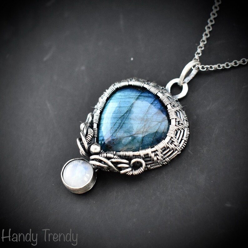 Labradorite and rainbow moonstone drop cage pendant, 925 sterling silver Wire wrapped jewelry, Unique handmade gift, One of a kind artisan