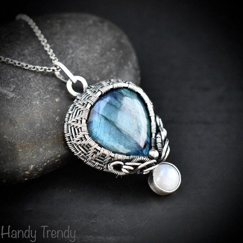 Labradorite and rainbow moonstone drop cage pendant, 925 sterling silver Wire wrapped jewelry, Unique handmade gift, One of a kind artisan