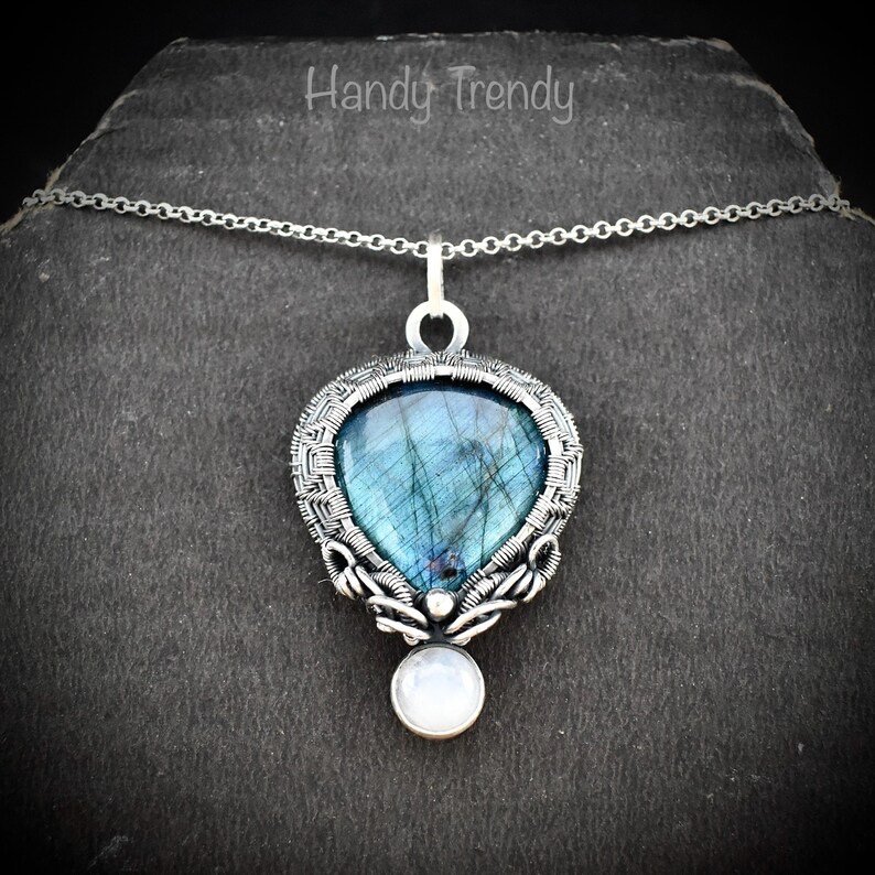 Labradorite and rainbow moonstone drop cage pendant, 925 sterling silver Wire wrapped jewelry, Unique handmade gift, One of a kind artisan