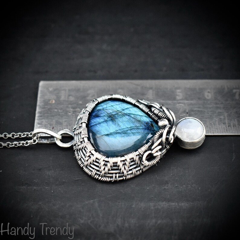 Labradorite and rainbow moonstone drop cage pendant, 925 sterling silver Wire wrapped jewelry, Unique handmade gift, One of a kind artisan
