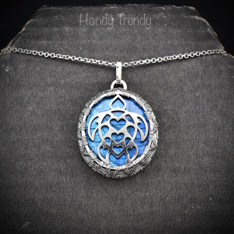 Sea turtle pendant, 925 sterling silver and blue labradorite necklace, Sea animal jewelry, Unique handmade gift, One of a kind jewelry