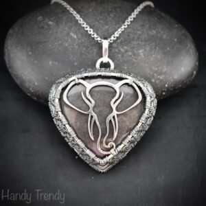 Elephant pendant, 925 sterling silver and silver obsidian stone necklace, wild animal jewelry, Unique handmade gift, One of a kind jewelry