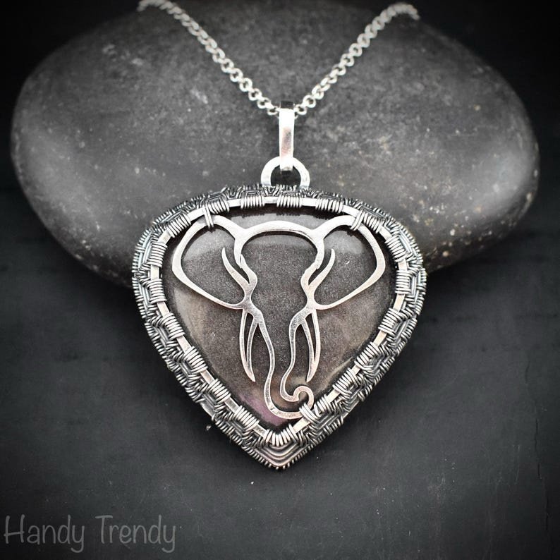 Elephant pendant, 925 sterling silver and silver obsidian stone necklace, wild animal jewelry, Unique handmade gift, One of a kind jewelry