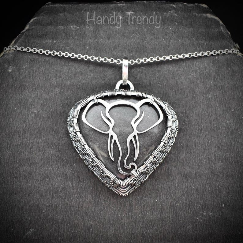 Elephant pendant, 925 sterling silver and silver obsidian stone necklace, wild animal jewelry, Unique handmade gift, One of a kind jewelry