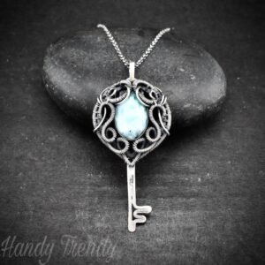 Larimar key pendant, 925 sterling silver wire wrapped necklace, Unique handmade gift, One of a kind artisan jewelry, Statement piece