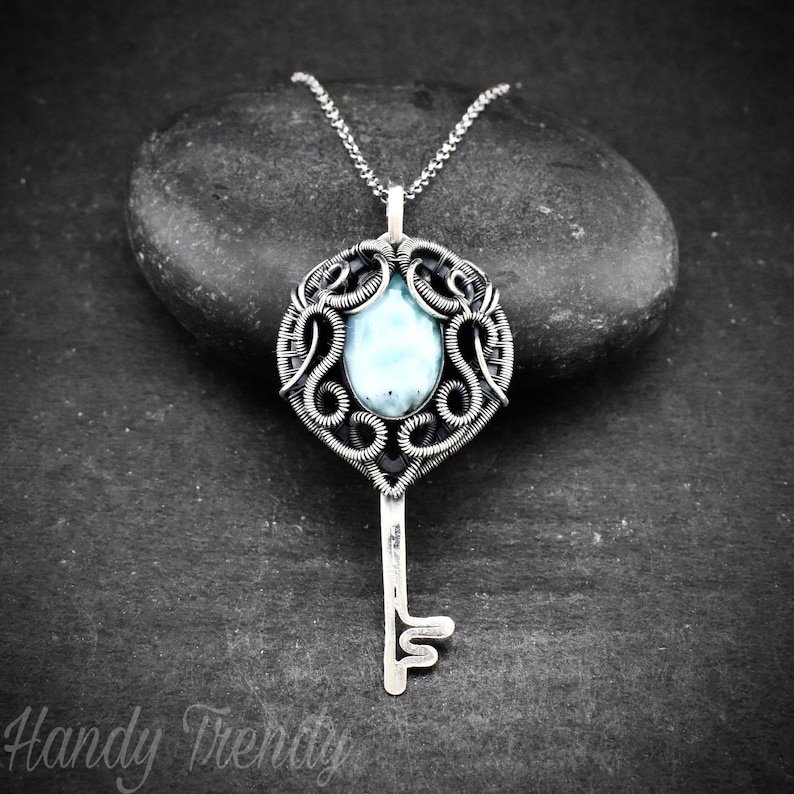 Larimar key pendant, 925 sterling silver wire wrapped necklace, Unique handmade gift, One of a kind artisan jewelry, Statement piece