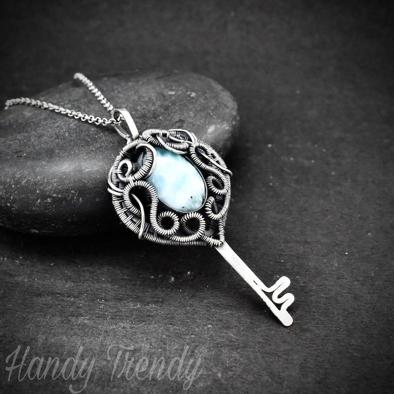 Larimar key pendant, 925 sterling silver wire wrapped necklace, Unique handmade gift, One of a kind artisan jewelry, Statement piece