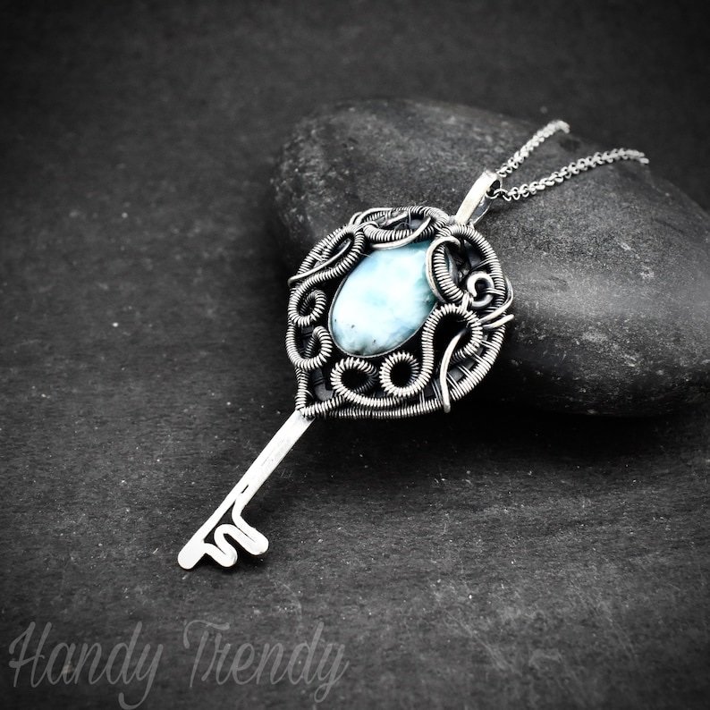 Larimar key pendant, 925 sterling silver wire wrapped necklace, Unique handmade gift, One of a kind artisan jewelry, Statement piece